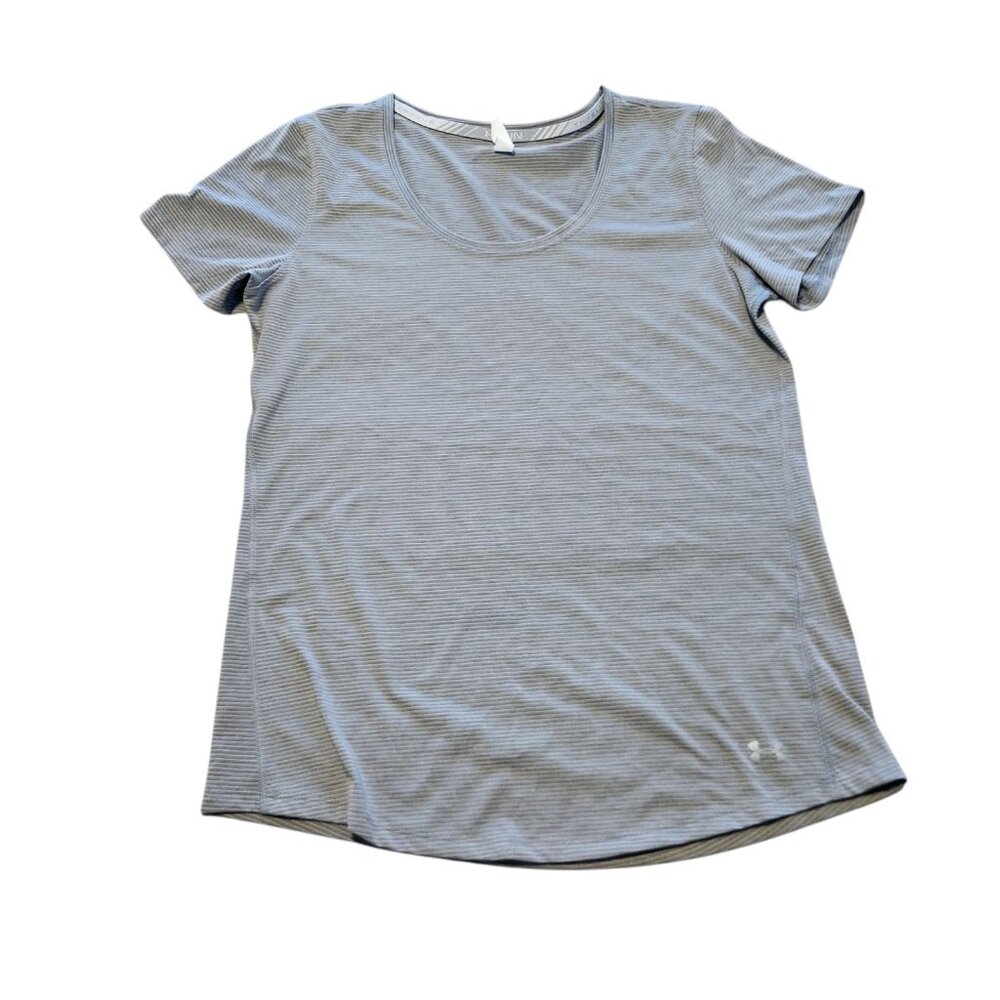Under Armour UA RUN Threadborne Shirt Heat Gear Gray Striped Womens Medium EUC